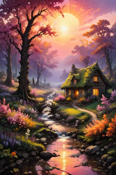 A breathtaking oil painting in the style of Claude Monet, capturing the serene beauty of nature. The scene features a charming cottage nestled among tall, majestic trees. A gentle stream meanders through the landscape, its crystal-clear waters reflecting the vibrant colors of the sunset. The sky is a masterpiece of colors, with hues of gold, pink, and purple blending together in a glorious display of twilight. Small animals, such as rabbits and deer, are scattered throughout the scene, adding life and charm. Flowers of various colors and species bloom abundantly, creating a vibrant and lush foreground. The golden light of the setting sun bathes the entire scene in a warm, ethereal glow, highlighting the intricate details and textures of the trees, stream, cottage, and flowers. This painting evokes a sense of peace, wonder, and the timeless beauty of the natural world.
<lora:zavy-mthcl-sdxl:0.8> zavy-mthcl, 
<lora:add-detail-xl:1.0>,
<lora:EnvyBetterHiresFixXL01:1.0>,
<lora:extremely_detailed:1.5>, extremely detailed, 
<lora:xl_more_art-full_v1:1.0>,  
<lora:gorgoeus_splash_of_vibrant_paint:0.8> Gorgeous splash of vibrant paint