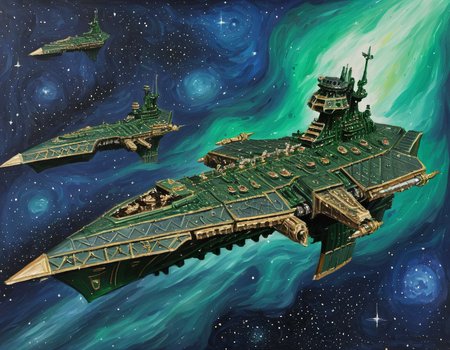 oil painting,<lora:Chaos_Warfleet_-_Warhammer_40000_SDXL:0.75>,a green chaoswarfleet battleship in outer space, no_humans,impressionist style,armored prow,eagle ornaments