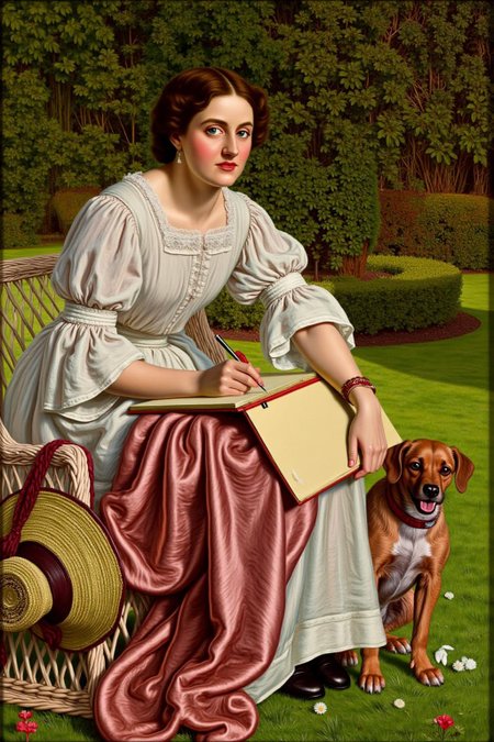 williamhhunt1 painting. 
A Victorian woman sitting outdoors in a lush green garden. She has short, curly brown hair and wears a white lace-trimmed, long-sleeved dress with a high neck. She is sketching on a notepad on her lap. A wide-brimmed hat hangs off the side of her chair. A dog stands beside her. <lora:williamhhunt1_cap_d6a3e9:1.0><lora:838051787358471533:0>