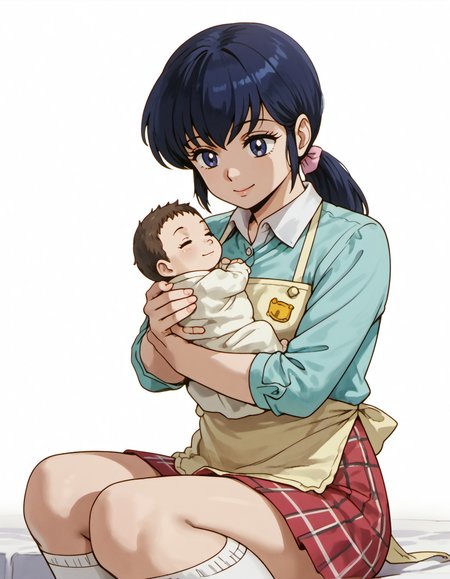 score_9, score_8_up, score_7_up, score_6_up, score_5_up, score_4_up, source_anime, masterpiece,best quality,perfect anatomy,detailed eyes, Kyoko Otonashi, blue eyes, long hair, ponytail, purplish-blue hair, 
Kyoko piyo piyo apron with blue shirt outfit, 
apron, collared shirt, plaid skirt, kneehighs, socks, 
aroused_smile , , Compassionate expression
Gentle smile, , sitting, Infant
Holding baby in arms
Baby is sleeping
black hair baby
looking at baby
looking_down 
Looking into the baby's face
bending forward
leaning_forward
three-quarter_portrait , baby carry, swaddled,