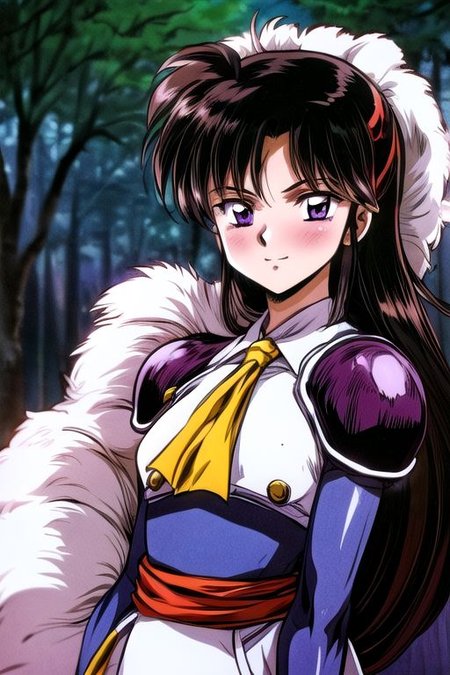best quality 1girl Setsun4 solo long hair,  (night time) forest background black hair very long hair purple eyes multicolored hair armor, small, (fur trim) (medium body),<lora:EMS-179-EMS:0.800000>,<lora:EMS-293862-EMS:0.800000> bow, hair_bow, hair_tubes, red_bow, brown_hair, long_hair, bangs, ascot, frilled_bow, yellow_ascot, blush, smile, hair_between_eyes, athletic, armor, miko,  Smiling, happy, dragoon helmet, (helmet)