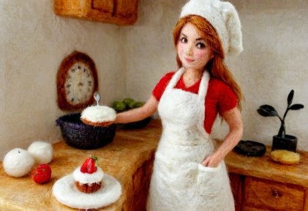 pamfelt, woman baking a cake, wearing a cooking apron, cozy kitchen background, high quality, masterpiece, intricate, hdr