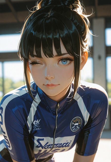 masterpiece, ultra-HD, cinematic lighting, photorealistic, impressionism (1.5), high detail, depth of field, (blurred background), (dramatic lighting),masterpiece, best quality, very aesthetic,8k,masterpiece, best quality,realistic, masterpiece, best quality, 8k,
, simple_background, , , , sexy pose, half-close up,,,, , ,
Olivia de Berardinis art style, of a beautiful young woman with short pixie style black hair, blue eyes, winking eyes, black and green cyclist jersey, in Japan street