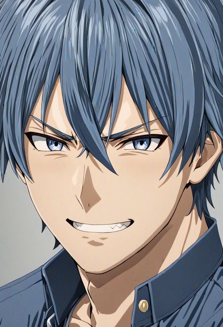 high resolution, solo, best quality, 1Boy, Tomoya Okazaki, Grey Blue Hair, portraits, looking at viewer, angry, gentle smile, OverallDetail