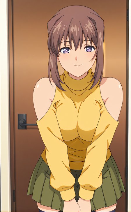 masterpiece, best quality, highres, newest, 1girl, solo, official style, anime screencap, <lora:Sano_Marika:1>, sanomarika, brown hair, purple eyes, clothing cutout, bare shoulders, shoulder cutout, yellow sweater, turtleneck, green pleated skirt, black thighhighs, looking at viewer, smile, indoor, cowboy shot