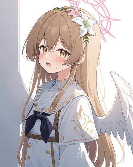 breathtaking,nagisa \(blue archive\),1girl, solo, blush, open mouth, simple background, hair ornament, long sleeves, white background, dress, flower, heart, sweat, wings, hair flower, sailor collar, white dress, capelet, halo, feathered wings, white sailor collar, @_@, white wings, against wall, white capelet, black neckerchief
  <lora:Nagisa_image98_v1-000040:1> . gorgeous,key visual, vibrant, studio anime,award-winning, professional, highly detailed,high budget, cinemascope