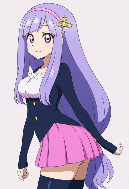 masterpiece, best quality, solo, curvy, beautiful eyes, narrow waist, wide hips, 1girl, solo, smile, looking at viewer,    zzVioletta, purple eyes, purple hair, hair ornament, blunt bangs, long hair, low-tied long hair, pink hairband,   jacket, sleeves past wrists, pink skirt, black thighhighs, zettai ryouiki,   ,<lora:ViolettaByKurumiErika_IXL:1.0>,  side view, ass, leaning forward, cowboy shot, smile, looking at viewer, shiny skin,