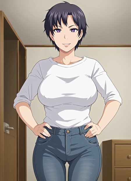 <lora:Yue_ni_Hitozuma_wa_Netorareta2:0.8>,mm,mature female,1girl,solo,short hair,black hair,purple eyes,large breasts,shirt,denim,pants,cowboy shot,hands on own hips,looking at viewer,indoors,light smile,