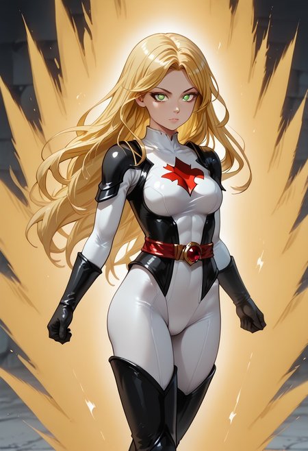 (masterpiece, best quality:1.2), 1girl, older female, solo, breasts, pants, armor, dark armor, white bodysuit, deep neckline, white bodysuit leggings, White leotard hair jewel, silver diadem, red jewels, belt, medium, gloves, cleavage, toned female arms, toned female legs, Angular facial features, grinning, Long hair, multicolored hair, two-tone hair, blonde hair, red hair, fire hair color, waist length hair, pale skin, glowing eyes, shining eyes, green eyes, sinister eyes,  slender female, , slender legs but toned legs, thigh boots, long sleeves, Super hero outfit, bodysuit, armor, cowboy shot, sexy pose, supersaiyanaura, power, aura, sharp aura, yellow aura, yellow hair, floating hair, Kipowerup