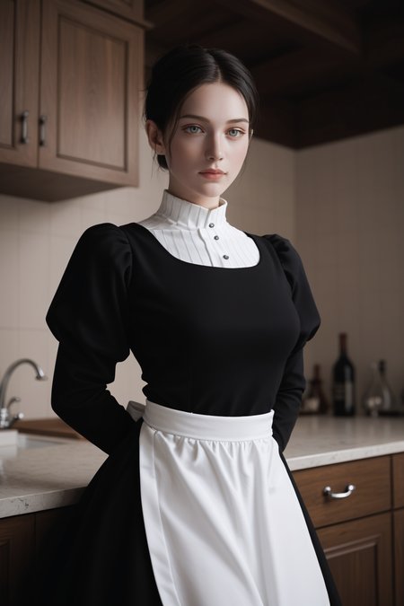 score_9, score_8_up, score_7_up, BREAK source_anime, <lora:Lara Tybur-PonyXL-lora-Faxtron:1> lara tybur, grey eyes, black hair, single hair bun, medium breasts, black dress, long sleeves, juliet sleeves, apron,