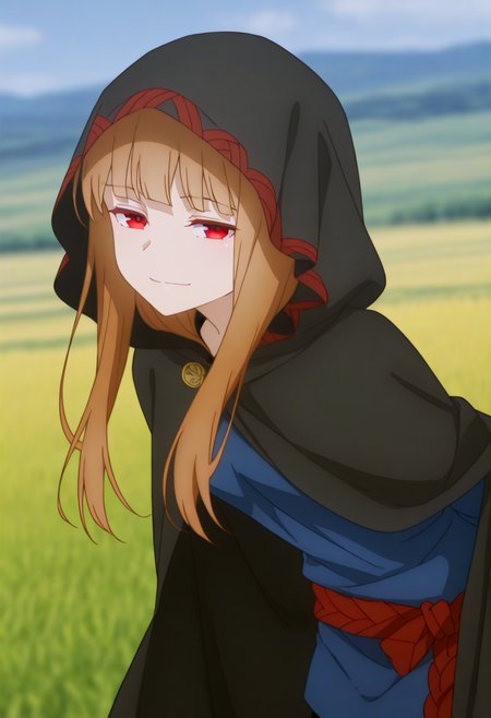 holooutfit1_cloaked, 1girl, long brown hair, bangs, red eyes, fox ears, medium breast, |  hooded cloak, long black cloak, red patterned trim, braided trim, under cloak long black dress, fur trim, red belt, long sleeves, blue shirt, open vest, , beads, fox tail,
 <lora:Holo_IL:1>,
 (Character), score_9, score_8_up, score_7_up, very aesthetic, source_anime, detailed, high quality, beautiful, masterpiece, detailed eyes, field, blurry background, pose dynamic angle, upper body, cowboy shot, light smile, floating hair, half-closed eyes, hands behind back, leaning forward, looking forward, looking at viewer.