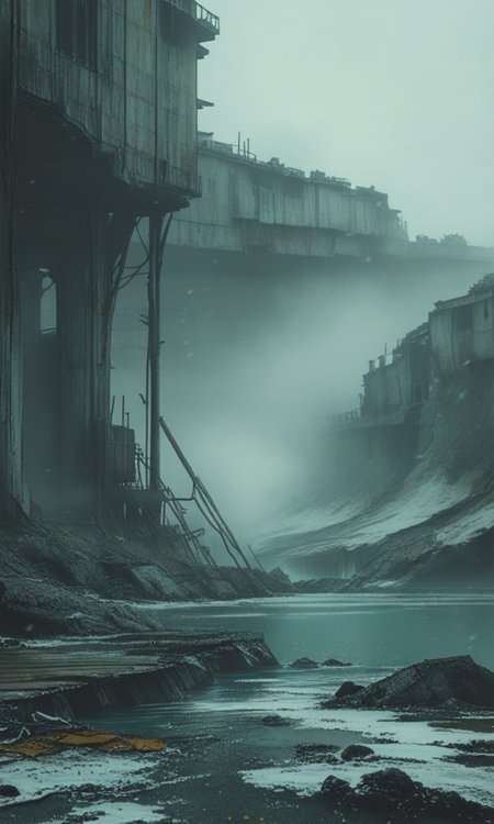 A haunting photograph of a rusted abandoned shipwreck partially submerged in icy waters enveloped in thick fog with a narrow snow-covered walkway leading to its weathered deck., masterpiece, fine details,   <lora:- iLL -PdJ_highres_counterweight _V1.0-step00007000:.8>  <lora:- iLL - the_edgy_mech_V2.0-step000013500:0.8>