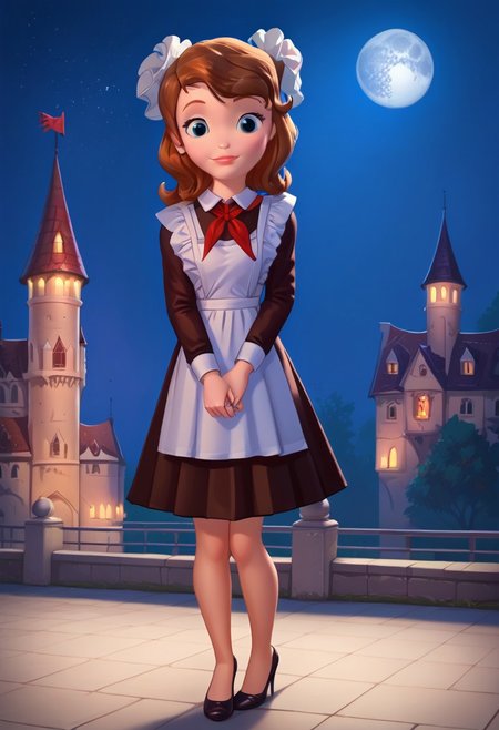 score_9, score_8_up, score_7_up, masterpiece, best quality,high quality, 8k, HD, sofia_the_first, blue eyes, brown hair,1girl, solo, large breasts, huge cleavage,background near castle, night, night sky, full moon,  soviet school uniform,frilled apron, frilled hair scrunchie, red neckerchief sexy pose, provocative, seducative face,high heels,