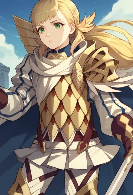 score_9, score_8_up, score_7_up, source_anime BREAK 1girl, solo, <lora:sharena-fe-richy-v1_pdxl:1> sharenadef, green eyes, blonde hair, long hair, ponytail, armor, cape, gloves, skirt, zettai ryouiki