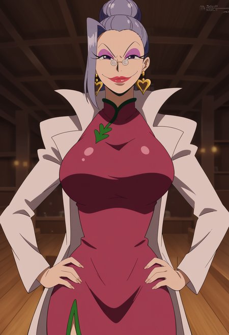 <lora:Nightin-One_Piece_3D2Y:0.8>,Nightin,mature female,1girl,solo,earrings,glasses,lipstick,makeup,purple eyes,purple hair,large breasts,dress,labcoat,cowboy shot,hands on own hips,looking at viewer,indoors,smile