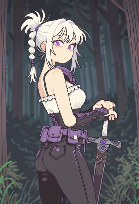 masterpiece, best quality, amazing quality, very aesthetic, absurdres, highres, newest, farfinfarfin, Expressive, solo, 1girl, white hair, braided hair, ponytail, purple eyes, frilled blouse, leather pants, right shoulder pauldron, arm vambraces, utility belt, sheathed sword, forest setting, standing