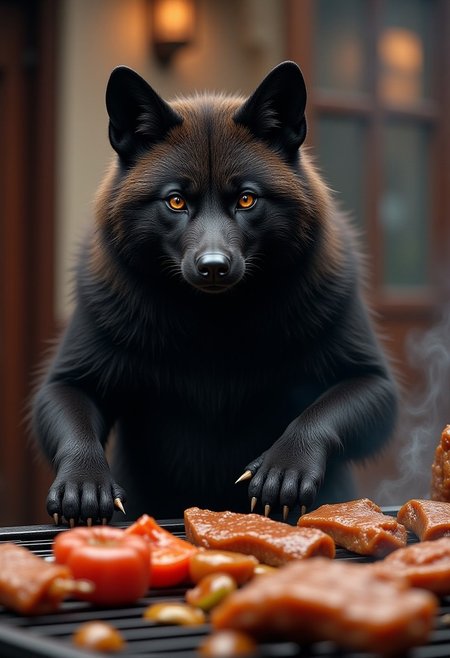 (stout male black wolverine), thick full body fur, black leather gloved paws, standing at a Mongolian BBQ grill, many pieces of meat and sliced vegetables on the Mongolian BBQ grill, realistic, photorealistic, ultra realistic, fine detail, 8k