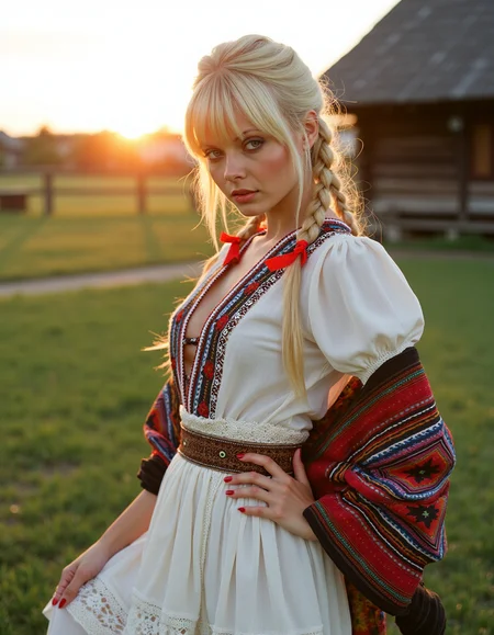 analog photography, shot by Kodak Duaflex II, ultra detailed, ultra quality, cinematic,  dynamic posing, sensual pose, bangs, a mesmerizing woman with platinum blond hair woven into an elegant braid, adorned with bright red ribbons, standing in a lush meadow. She wears a traditional Romanian blouse (ie) with intricate black and red embroidery, symbolizing fertility and protection. Her flowing white skirt features delicate floral lace along the hem, and a wide, beaded belt accentuates her waist. Over her shoulders, she drapes a vibrantly woven wool shawl with geometric patterns. Her gaze is soft and mysterious, her Slavic cheekbones illuminated by the golden sunset as she stands near a quaint wooden village.  <lora:Janacovaxhres-grm80vx:1> jancov