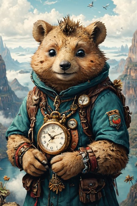 Detailed digital portrait of an anthro Quokka (Looking at a watch, anticipation) at a Floating islands above cloud canyons, <lora:xl_more_art-full_v1:0.5>,  <lora:The_Crazy_Style:0.7> <lora:anthro_muscular:0.7>