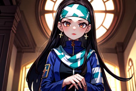 highly insanely detailed, masterpiece, top quality, best quality, highres, 4k, 8k, RAW photo, (very aesthetic, beautiful and aesthetic),  
beth_\(megami_tensei\),bethsmtii,shin megami tensei ii,long hair,black hair,straight hair,sleek black,jewelry,cross,headband,red_lipstick,bandana_with_messian_symbol,Religious_bandana,symbol_headband,messian_church_bandana, 
<lora:zs_Beth:0.5>, 
(1girl:1.3), 1other, 
prison,âââ