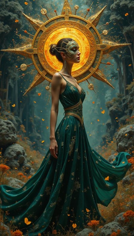 <lora:flux-collagestyle.safetensors:1> darkfantasycollagestyle
In the heart of a hyperrealistic, digitally rendered 3D scene, a woman stands serenely, her face half-concealed by a luminous, ornamental eye. The eye, an epic cinematic texture, is etched with intricate patterns that shimmer in the light, drawing the viewer's gaze into its depths. Her age is indeterminate, perhaps in her late 30s, with an ethereal beauty that transcends time. Her skin is smooth and alabaster, a stark contrast to the rich, golden hue of the eye. She wears a flowing gown of deep emerald green, adorned with silver threads that catch the light, creating a mesmerizing glow.
The lighting is cinematic, with dramatic shadows that accentuate the contours of her face and the ornamental eye. A soft backlighting envelops her, casting a halo-like glow that adds a mystical aura. The background is a surreal landscape, a blend of organic and abstract elements. Ethereal, glowing energy sparks dance in the air around her, creating a focal point that enhances the epic atmosphere. The colors are vibrant and rich, with golden and amber tones juxtaposed against the cool blues and silvers of the environment.
The composition is dynamic, with the woman’s pose suggesting a balance of power and grace. Her gaze, though partially obscured, conveys a profound depth and mystery. The scene is both beautiful and thought-provoking, a perfect blend of surrealism and mythic beauty.