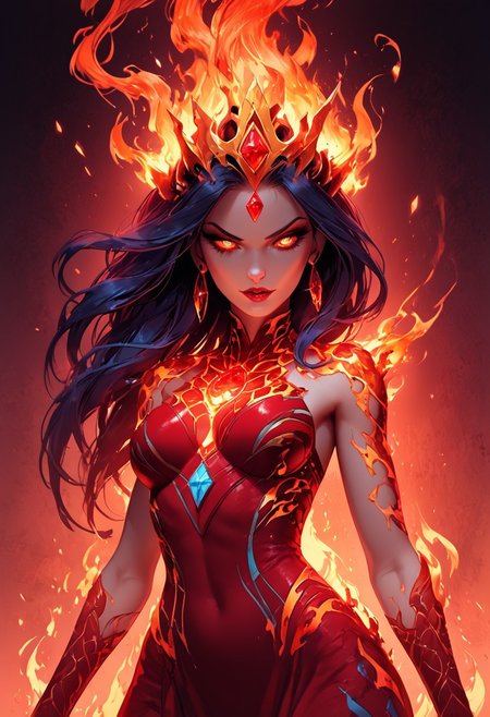 score_9, score_8_up, score_7_up, score_6_up, score_5_up, score_4_up Envision a Fire Elemental, a demon queen with a swirling body of flames. Her form is complete, her skin resembling cracked lava. She boasts long hair, not of ordinary strands, but of blue flames, and her eyes are like blue crystals, gazing upon the viewer. She exudes majesty, her golden crown a blaze of fire, set against the infernal backdrop of her hellish realm., detailed digital art, expressive eyes, magical elements, hd8K, 32K, 4K, ULTRA HD,