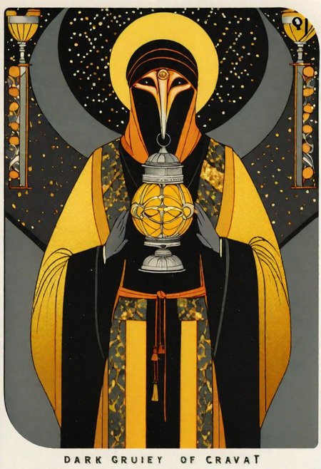 dark grey background, art deco, occultist, antiquarian, ((man in byzantine robes)), ornate lantern, ((man wearing golden ibis mask)), (man wearing turban with feather), ((black and yellow robes)), ((upwards shoulder pads)),