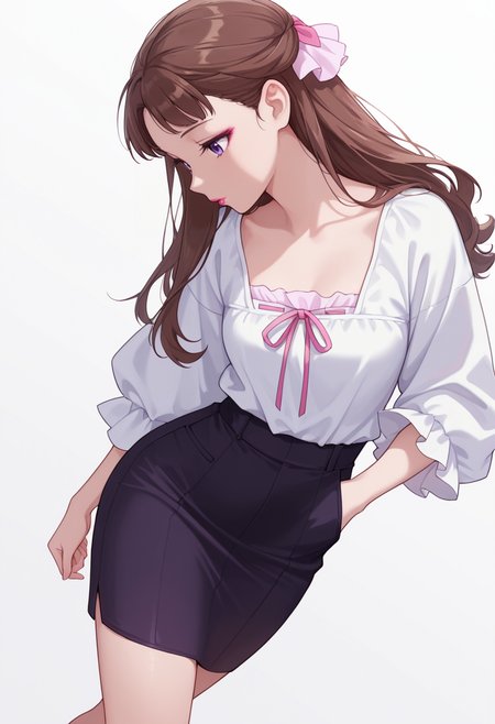 Smooth Quality,masterpiece,very intricate, high quality details, ultra realistic, high detailed skin,detailed enviorement,absurdres,
partially undressed, 
 <lora:Lishu_CNR:0.8> lishu_cnr,brown hair, long hair, purple eyes, makeup, lipstick,, simple background, white background, sideways,
walking pose, one hand in pocket, head slightly turned, casual stride,,guilt,, lantern sleeve blouse,  ,peacoat,  ,pencil skirt, ,