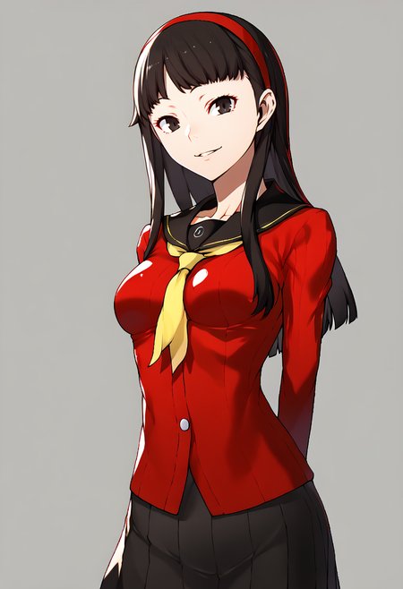 score_9, score_7_up BREAK solo, 1girl, smile, looking at viewer, simple background,  <lora:Yasuda-Suzuhito_GLoRA-pdxl_Fp:1>,  <lora:persona4_amagi_ponyXL:0.8>, yukikodef, red hairband, school uniform, red sweater, red cardigan, black sailor collar, yellow neckerchief, long sleeves, black skirt, black pantyhose, medium breasts, parted lips, arms behind back,