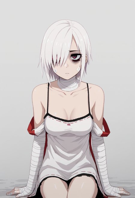 score 9 up, score 8 up, solo,1girl, white hair, hair over one eye, two-tone eyes, pink eyes, red eyes, white clothing, spaghetti_strap, oversized blouse, breasts, bags under eyes, mascara, bandaged_neck, bare legs, aliasing, SignalisArtStyle