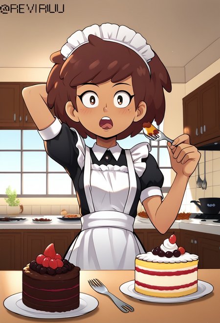 Reviruu, CHANNEBOONCHUY,
wearing maid uniform, maid headdress, feeding, food, open mouth, incoming food, looking at viewer, holding fork, cake, one hand behind head, indoors, in a kitchen, dynamic angle