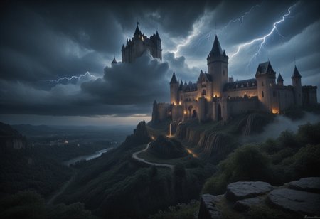 Stable_Yogis_PDXL_Positives, masterpiece,best quality,amazing quality,very aesthetic,high resolution,ultra-detailed,absurdres,newest, outdoors, mw01out, mwl01, castle, castle on the edge of a cliff, white walls, purple turrets, nighttime, night, stars, moonlight, thunderstorm in the distance, thunderclouds, overlooking a distant valley