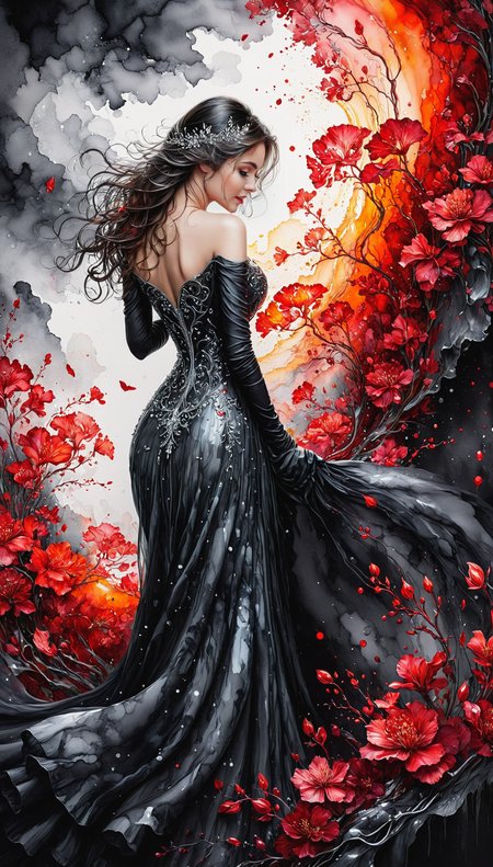 (Silhouette Art), breathtaking ((photorealistic  faetastic  beauty extravaganza ((alcohol ink sketch)))). (hues of dark gray and fine gleaming vibrant red accents and shiny silver [countours outlines curves] color scheme:1.02). glossy.
<lora:InkArtXL_1.2:0.4> <lora:FaeTastic:0.4>  <lora:Dance_Art:0.6>