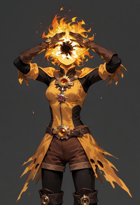 score_9, score_8_up, score_7_up, solo,
lord_of_frenzy, fire head,
insane,
novakin, faceless, no eyes, no mouth, no nose, no facial features, short fiery yellow orange hair, body made of black plasma,
open hands, hands on face front,
hands on own head, 
upside-down, backflip,
magical girl outfit, (steampunk dress:1.1), boots, (brown shorts:1.1), black tights, medium breasts, belt, gloves, 
simple background, grey background,