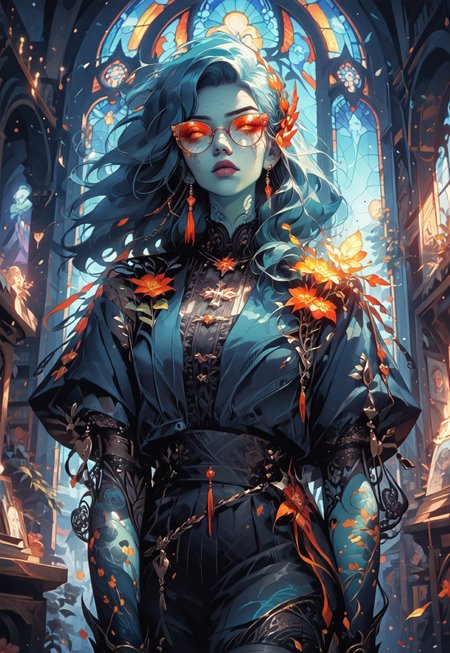 ((zPDXL3)), (score_9), (score_8_up, score_7_up), knva, L0LSPL4SH, year2024, year2023, West Studio, sixmorevodka, g0thicPXL, glowing, neon, HD Eyes, masterpiece, best quality, highly detailed, intricate details, extremely detailed, smooth lines, masterpiece, no text, quality highlights, 8k detail, detailed background, pastel colors, high contrast,expressiveh
BREAK,
Character: 1woman, solo, AirGenasi, pointed ears, wind, tousled hair, tattoos, blue skin, colored skin,
Clothing: Dark-Blue Coat, Dark-Red Lapel, Jodhpur pants, boots, round eyeglasses, brass ear cuff, 
Background: library, stained-glass window, prismatic lighting, colourful, bioluminescent, detailed background, artistic and intricate background
...
<lora:detail-tweaker-XL:2>,