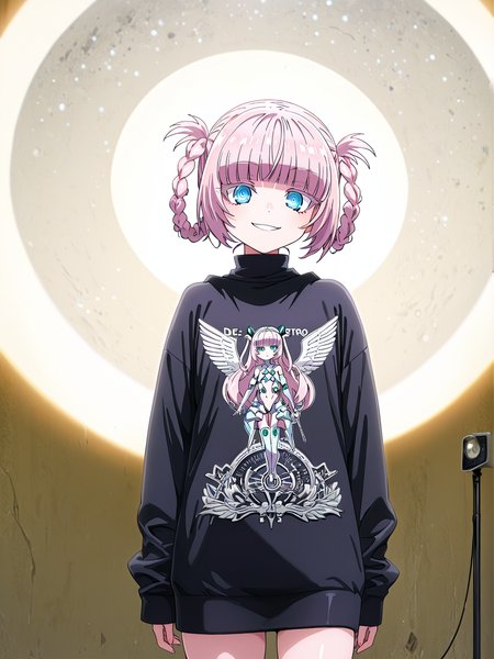 masterpiece, best quality,beautiful detailed supreme quality color intricate,a girl,teen,cowboy shot, Teslapunk, ("De Patre Vostro":1.3) , at Seraphic Port, spotlight, <lora:Nazuna_Pony:1> nanakusa_nazuna_ (yofukashi_no_uta) 99 1girl 99 solo 98 blunt bangs 74 blue eyes 73 braid 73 hair rings 73 looking at viewer 64 short hair 45 turtleneck 45 smile 43 pink hair 43 ringed eyes, surreal, deep aesthetic, best, ambient, epic composition