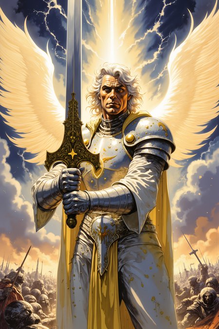 A celestial knight, his radiant white armor glowing with a soft, golden light, stands poised with a massive, gleaming greatsword held aloft. His bronze skin glistens beneath the divine aura surrounding him, while his long, platinum-blond hair flows gently in an unseen breeze. His deep, sapphire eyes are filled with unshakable determination, and his wingsâmajestic and featheredâspread wide behind him, shimmering with divine energy. The intricate designs on his armor pulse faintly, each rune glowing in sync with his heartbeat as his grip tightens around the hilt of his sword. His gauntleted fingers tremble slightly, but his face remains calm, a beacon of resolve against the chaos unfolding around him. Behind him, a battlefield stretches into the distance, filled with shadowy creatures writhing in the light of his presence. The sky above is split by beams of celestial light piercing through dark, swirling clouds. His sword, glowing with pure energy, reflects the light, creating a halo effect around his head. His expression is a mixture of grace and power, standing as the last line between darkness and salvation. <lora:Vintage comic book:1.5>