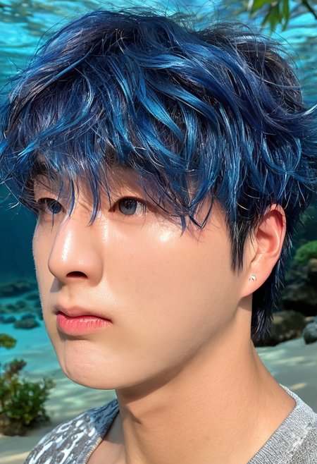 <lora:AsianGuy:1>, AsianGuy, (nodaeng:1.5),  masterpiece, ultra-HD, cinematic lighting, photorealistic, (impressionism:1.5), high detail, depth of field, (blurred background), (dramatic lighting),masterpiece, best quality, very aesthetic,8k,masterpiece, best quality, realistic, masterpiece, best quality, 8k, short hair, asian boy, handsome man, ecstasy on face, looking at viewer,, 1boy, merman, swimming, underwater cave, short hair, gradient hair,  wavy hair, earrings, strings of beads, beautiful ocean plants, blue eyes, (calico pattern:0.8), masterpiece, highest quality, absurdres, digital art, very detailed, 8k, best quality, high resolution