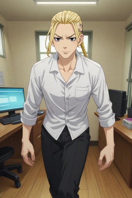 score_9, score_8_up, score_7_up, source_anime, rating_safe, intricate details, anime screencap, anime coloring, , , , 1boy, solo, male focus, <lora:ken_ryuuguuji_pony:0.88>, ken_ryuuguuji, blonde hair, black eyes, braid, single braid, braided ponytail, tattoo, long hair, wide angle, wide shot, full body, office, computers, indoors, dark, jojo pose, skin fang, , <lora:sdxl_lightning_8step_lora:1>