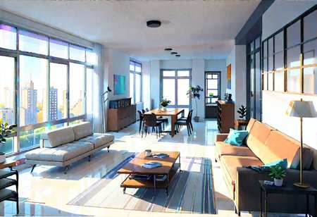 ((front view)), (Close-Up View), (Rule of Thirds), ((animation style)), A room with wide sides and narrow front and back, modern-style interior, with white walls, ((large windows)), a  study, Sofa, coffee table, bookcase, single wall, 
warm light morning sun, (((City high-rise building scenery))), (clear sky)