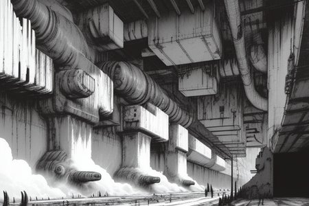 cyberpunk brutalist buildings, detailed background, vast, gigantic, decrepit scenery, covered in large tubes and cables, dim light, ((heavy black and white)), <lora:Blame!:1>