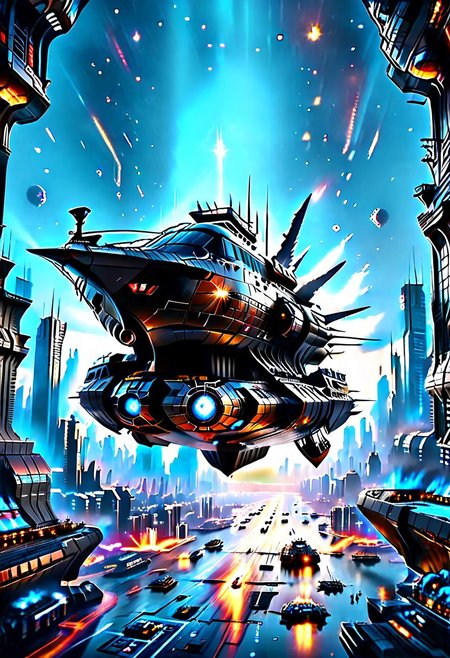 high quality, 8K Ultra HD, highly realistic, The great and sleek black ship is moving forward, flying over a futuristic cyberpunk city.  It has powerful guns that are firing blue lasers . Embark on an enchanting 8K photorealistic journey. The starship's design boasts advanced technological elements. The camera captures every minute detail, by VelvetS, octane render,from slightly to the side.  perfectly symmetrical ship.  Weapons fire blue energy beams, 
<lora:DonM3t3rn1tyXL-v1.1:0.7>, DonM3t3rn1tyXL,
OverallDetailXL  <lora:MJ52:0.3>  <lora:SDXLFaeTastic2400:0.4>