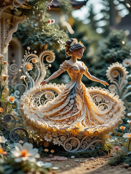 Quilling mode, intricate coils, delicate designs, era 1800s folk art, traditional attire, solo, quilling art style, Rating NSFW, a voluptuous female figure dancing in a garden, surrounded by intricate paper coils, ¬the delicate designs adding an ethereal quality, soft glow filter.
<lora:dmd2_sdxl_4step_lora_fp16:1.0> , <lora:Expressive_H:1>, Depth of field, <lora:dark:0.1>, dutch angle,  <lora:aidmaFLuxPro1.1_v0.3_IL:1>,  aidmafluxpro1.1<lora:aidmaMJ6.1_v0.5_IL:1>, aidmaMJ6.1,