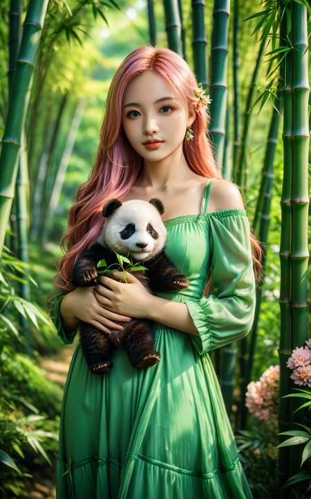 <lora:yuukananri-base-02-XL:0.7>,upper_body,yuukananri,1girl with long pink hair,green eyes,wearing an elegant green long dress,holding her baby panda in her arms,standing in a lush bamboo forest surrounded by vibrant flowers and greenery,realistic photography style,cinematic photo peering through the trees with depth of field blurring effect,natural light,35mm photograph,film,professional,4k,highly detailed,Golden hour lighting,Depth of field F2,Rule of Thirds Composition,best quality,ultra-detailed,masterpiece,Cinematic Lighting,<lora:detailed_notrigger:1>,<lora:xl_more_art-full_v1:0.7>,