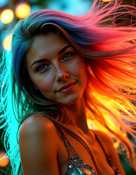 vintage style from 1930s,
Extreme realism in a complex, highly detailed composition featuring a woman with extremely long flowing rainbow-colored hair. The glowing background, with its vibrant colors, exaggerated details, intricate textures, and dynamic lighting, creates a whimsical, dreamy atmosphere in photorealistic quality.

Threads of light that float and weave through the air, adding movement and intrigue.
Patterns on the ground or in the background that glow subtly, adding a layer of complexity.Rainbows that appear faintly in the background, adding a touch of color and wonder.Butterfly wings that shimmer in the light, adding life and movement to the scene.



She rests her hand on her forehead, her expression soft and reflective, with her hair flowing down with innocent smile seen on her face.

