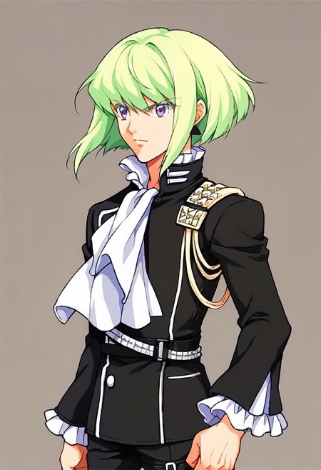 score_7_up, score_8_up, score_9_up, BREAK, lio fotia, green hair, purple eyes, earrings, black jacket, long sleeves, white ascot, frills, frilled sleeves, multiple belts, black pants, black half gloves, fe9portraits, solo, cowboy shot, simple background, male focus, verybadimagenegative_v1.3