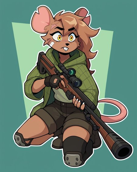 score_9_up, score_8_up, score_7_up, score_6_up, by remanedur, female, mouse, yellow eyes, facial scar,  bandaid on face, notched ear,  face paint, brown hair, tail, brown fur, boots, black shorts, green jacket, buckteeth, single knee pad, single thighhigh, fingerless gloves, cargo shorts, holding gun, ranged weapon, rifle, green hoodie, solo, open jacket, three-quarter view, simple background, white outline, <lora:Leah_Pines(AIM)_XL_v1:0.15> <lora:PDXL_artist_tags_v2_big:0.5> <lora:The-Minuscule-Task_PDXL_v1.0:0.6>  <lora:Leah_Pines_v2_WirelessShiba:0.7>