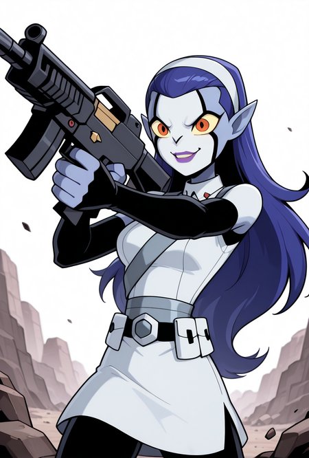 <lora:rookshar-10:1> rookshar, blue hair, colored skin, yellow sclera, long hair, 1girl, purple lips, white hairband, pointy ears, white suit, black sleeves, black pants, white skirt, short skirt, utility belt, smile,  <lora:GunEnhancer:1> holding weapon, holding gun, assault rifle, weapon,  holding assault rifle, shooting, aiming, warzone, iraq,, masterpiece, best quality, amazing quality, very aesthetic, absurdres, newest,