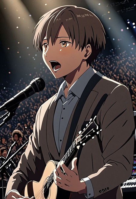 high resolution, solo, best quality, 1Boy, Takaki Toono, Brownish Hair, Brown Eyes, singing, portraits, dept of field, virtual concert, playing musical instrument, OverallDetail