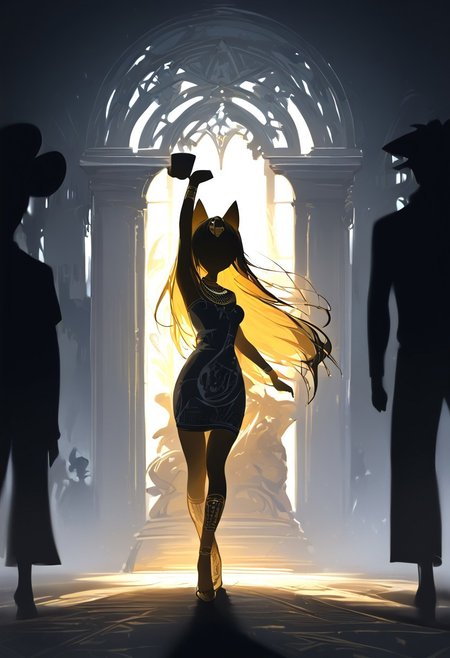 (masterpiece, best quality), (score_9, score_8_up, score_7_up,source_anime), 4K8K, high res image, Uncorrected, white print, lineart print, print, 
from front, upperbody, portrait, Porcelain wall, 
Ankha_(Animal_Crossing), (solo:1.3), 
(animals), silhouette, backlit, backlighting, dark night, Porcelain Mix Gold, pmg style, 
(golden lines, white silhouette skin, Skin like porcelain), 
standing on tiptoes, reaching out, arms up, 
(small stature, petite:1.3), (breasts:1.1), (white hair, verry long hair, cat ears),
(wearing Porcelain clothing, Porcelain Egyptian-style dress),